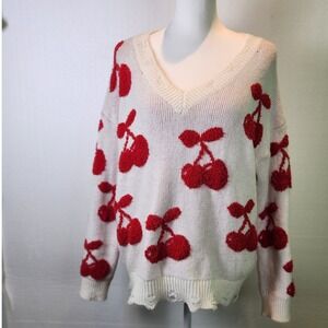 Altar'd State Womens Cherry Print Distressed Sweater Cream Red Large Coquette